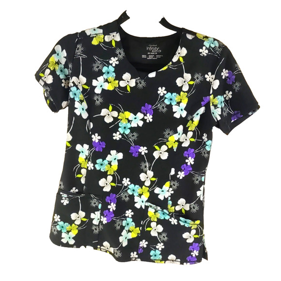 Cherokee Infinity Women's Scrub Top Size X Small Black Blue White Flowers - Picture 6 of 7